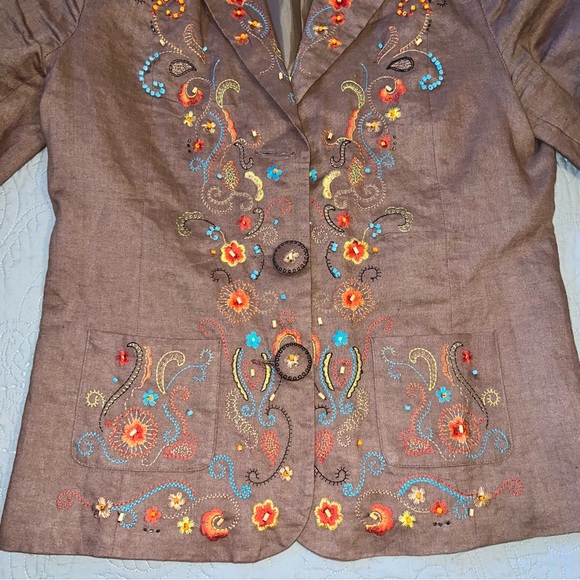 Silk Land Linen Beaded Embroidered Blazer Jacket size 6 Brown - Picture 5 of 11